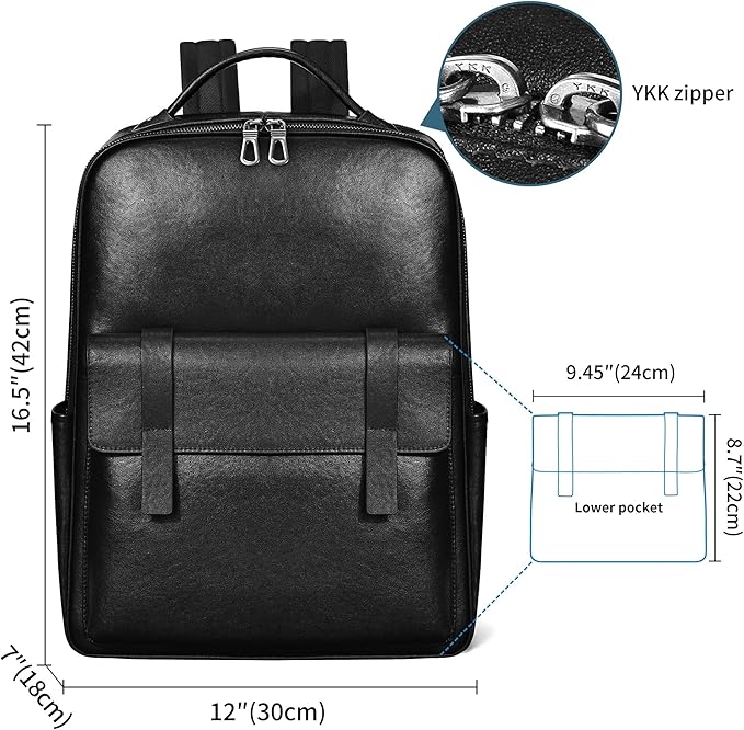 Colins Keirs Men's Black Leather Backpack for Work Travel, Durable Genuine Leather Laptop Backpack with 15.6-inch Computer Compartment, Stylish Professional Designer