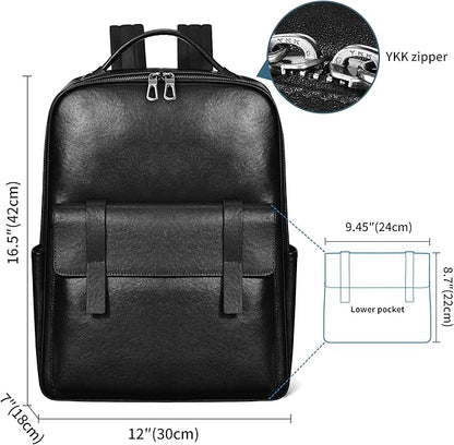 Colins Keirs Men's Black Leather Backpack for Work Travel, Durable Genuine Leather Laptop Backpack with 15.6-inch Computer Compartment, Stylish Professional Designer