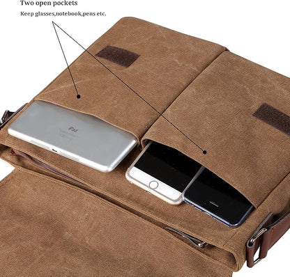 Mactso Vintage Canvas Messenger Bag for Men Women, 13.5 Inch Laptop Satchel Shoulder Bag with Multiple Pockets, Crossbody Bag for Work Travel College (Coffee-01)