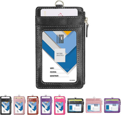 Badge Holder with Zipper, Wisdompro School Supply 2-Sided PU Leather College ID Badge Holder with 1 ID Window, 4 Card Holder Slots, 1 Side Pocket and 20 Inch Leather Neck Strap Lanyard -Vertical Black