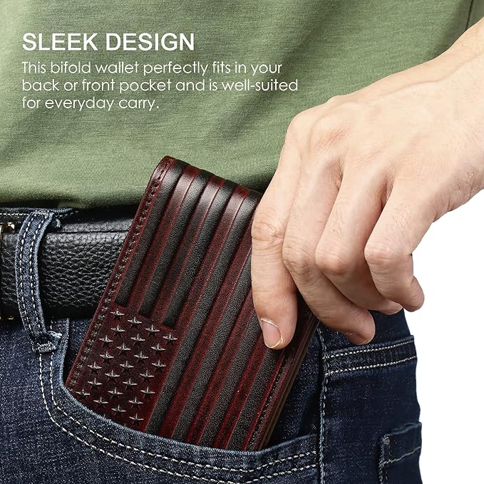 Pefiam Full Grain Leather Wallets for Men, Bifold Wallets for Men, Mens Leather Wallets with 12 Slots, RFID Blocking, Gifts for Men (USA Flag, Red)