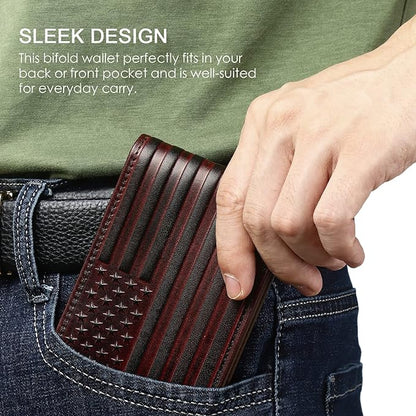 Pefiam Full Grain Leather Wallets for Men, Bifold Wallets for Men, Mens Leather Wallets with 12 Slots, RFID Blocking, Gifts for Men (USA Flag, Red)