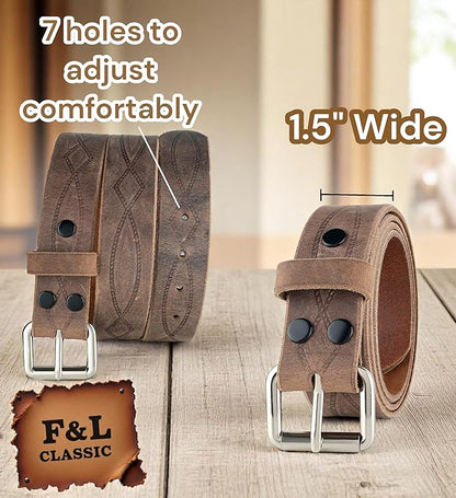 F&L CLASSIC Men's full Grain Vintage Distressed leather Belt,easy to change Roller buckle,1.5" Wide,USA,