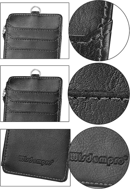 Wisdompro Badge Holder with Retractable Reel, Double Sided PU Leather ID Badge Card Holder Wallet with Zipper Pocket, 5 Card Slots for Office School ID, Driver's License - Black