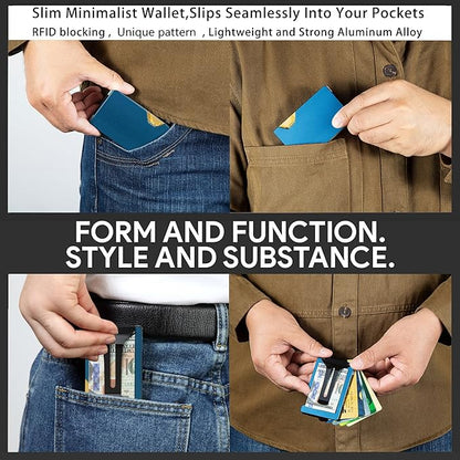 Minimalist Carbon Fiber Wallet for Men, Money Clip Cash Strap Wallet, RFID Blocking Metal Wallet Aluminum Card Holder,Front Pocket Wallet(Matte Blue)