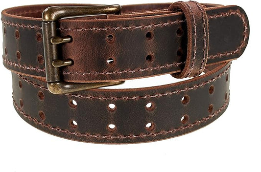 Men’s Classic Leather Belt, Double Prong Retro Style, Antique Brass Buckle, 1 ½” Width, Amish handmade in the USA
