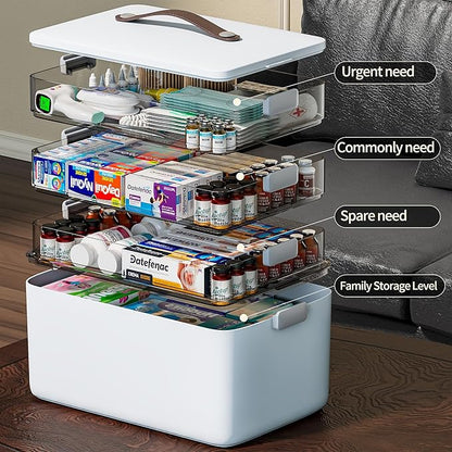 CTIME 4-Tier XL Medicine Organizer - Portable Medicine Cabinet with Leather Handle, Empty First Aid Kit for Home Organization Must, School, Dormitory, Travel, RV, Dorm, Ideal Elderly Gift