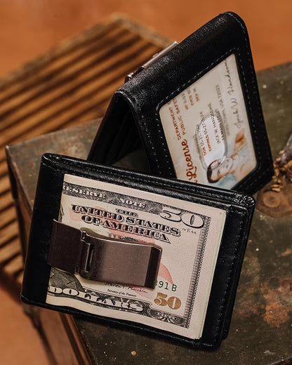 House of Jack Co. Maverick Bifold Money Clip Wallet for Men – Slim Front Pocket Leather Wallet with Metal Cash Clip, Exterior ID Window & Card Holder, Full-Grain Cowhide, Black