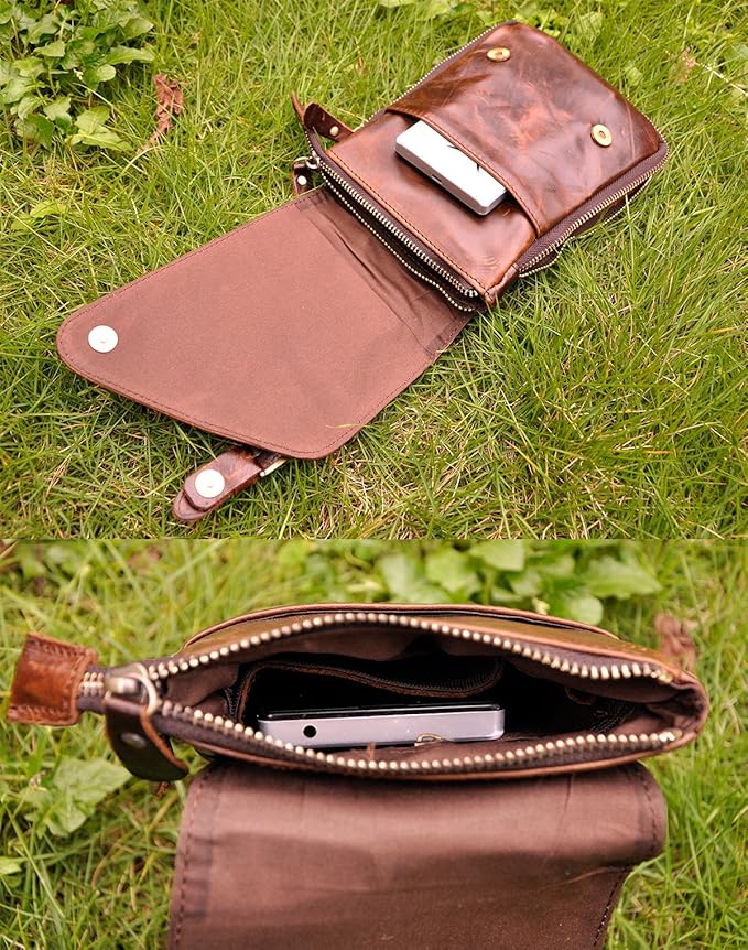 Le'aokuu Mens Genuine Leather Small Messenger Shoulder Satchel Phone Pouch Belt Waist Bag Pack