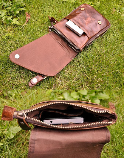 Le'aokuu Mens Genuine Leather Small Messenger Shoulder Satchel Phone Pouch Belt Waist Bag Pack