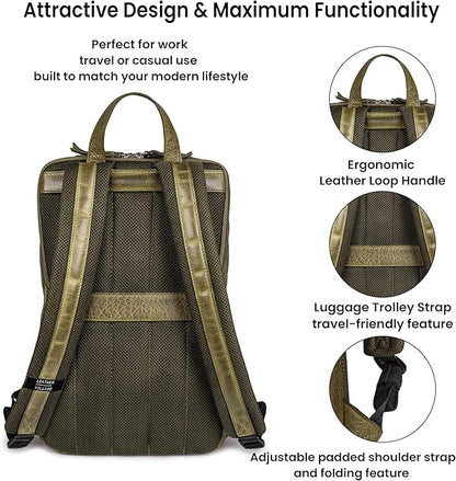 LEATHER VILLAGE Leather Laptop Backpack for Men | Olive | Slim Professional Business Bag Fits 15.6”-Laptop | Water-Repellent Work & Travel Daypack with Trolley Strap
