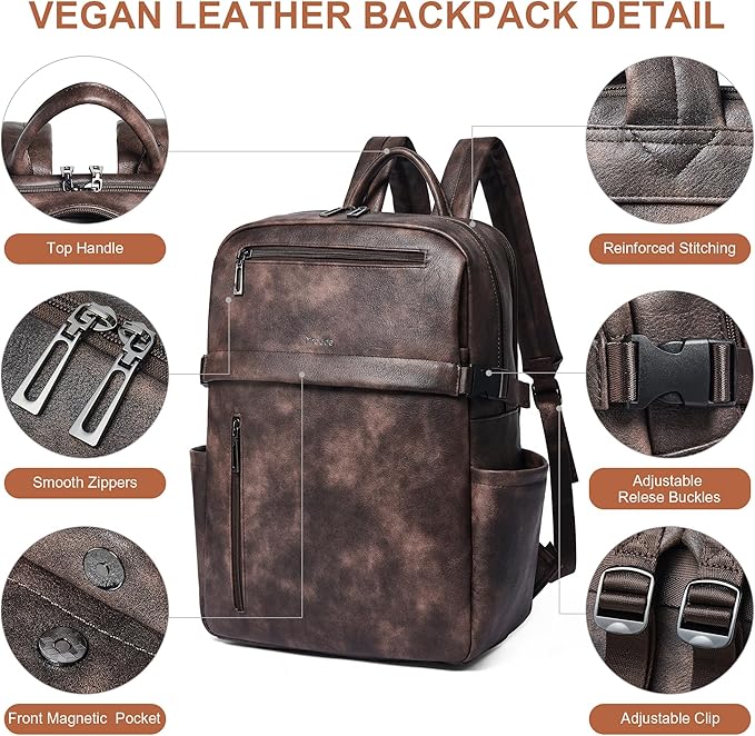 Leather Laptop Backpack for Women, 15.6 Inch Laptop Travel Backpack Purse Large Capacity Computer Bag, Casual Daypack Nurse Bag College Bookbag for School, Coffee