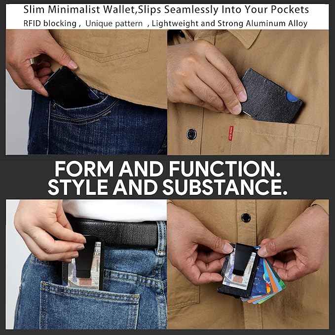 Minimalist Slim Wallet for Men,RFID Blocking Metal Wallet,Aluminum Credit Card Holder & Money Clip 12-15 Cards,Slim Rfid Front Pocket Mens Wallet,Leather Black