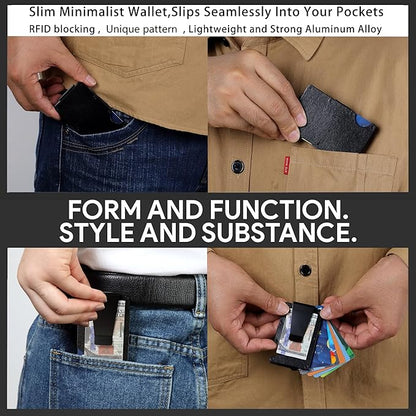 Minimalist Slim Wallet for Men,RFID Blocking Metal Wallet,Aluminum Credit Card Holder & Money Clip 12-15 Cards,Slim Rfid Front Pocket Mens Wallet,Leather Black