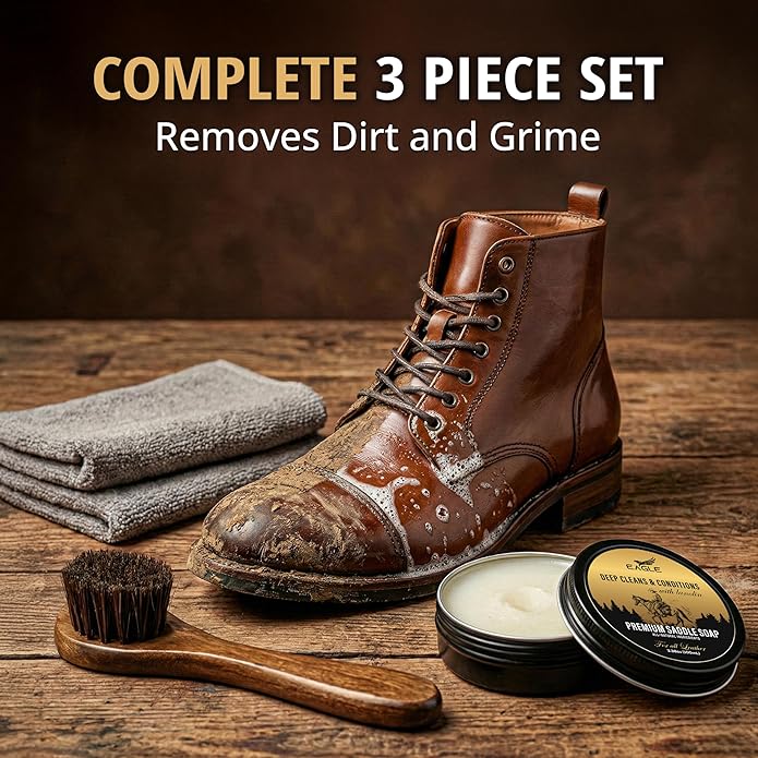 Eagle Saddle Soap for Leather – 3-Piece Saddle Soap Kit for Leather Cleaning, Boots, Tack, and Saddles – Includes Applicator and Cloth – Leather Soap and Conditioner for Leather Boots and Tack Care