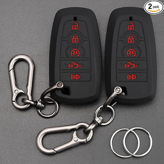 TANDRIVE Key Fob Cover for 2026 2025-2017 Ford F150 F250 F350 F450 F550 F650 F750, 5 Button, Silicone, 2-Pack, Red Button, Black and Black