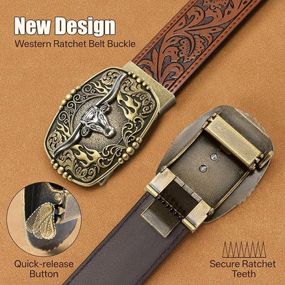 Cowboy Western Ratchet Belt for Men Women with Automatic Western Buckle, Ratchet Cowboy Leather Belt for Jeans Gifts