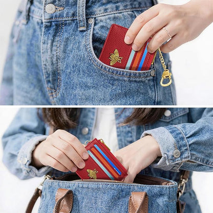 SEAVILIA Card Holder Keychain Wallet for Women with ID Window RFID Blocking Coin Purse Bee Gifts Slim Minimalist Small PU Leather