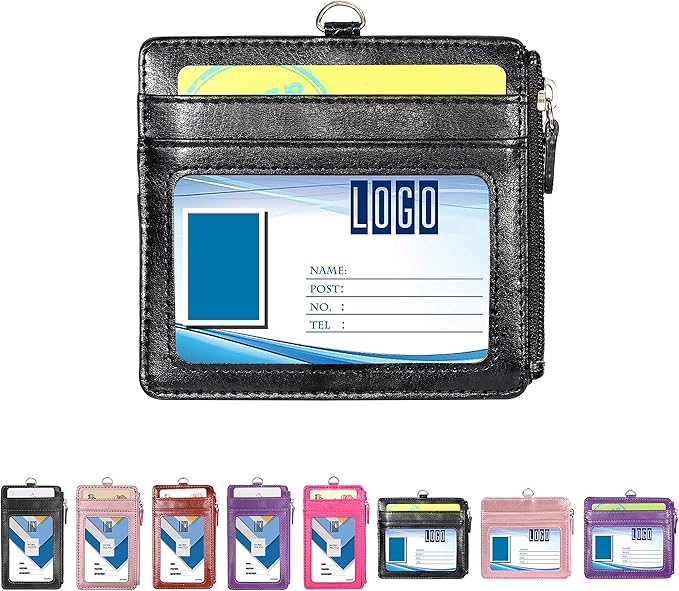 Badge Holder with Zip, Wisdompro 2-Sided PU Leather ID Badge Holder with 1 ID Window, 4 Card Slots, 1 Side Zipper Pocket and 1 piece 20 Inch Leather Neck Lanyard Strap - Black (Horizontal)