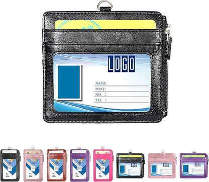 Badge Holder with Zip, Wisdompro 2-Sided PU Leather ID Badge Holder with 1 ID Window, 4 Card Slots, 1 Side Zipper Pocket and 1 piece 20 Inch Leather Neck Lanyard Strap - Black (Horizontal)