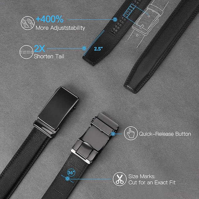 GAEKEAO Mens Belt Leather 1 3/8" - Micro-Adjust Buckle Ratchet Belts for Men Dress Casual to Formal Trim to Fit with Gift Box