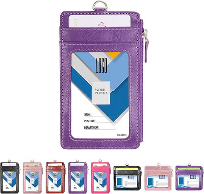 Badge Holder with Zip, Wisdompro School Supply 2-Sided Vertical PU Leather College ID Badge Holder with 1 ID Window, 4 Card Slots, 1 Side Zipper Pocket and 20 Inch Leather Neck Lanyard Strap - Purple