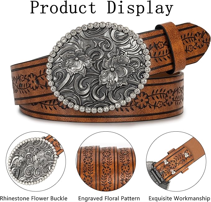 Mealah Vintage Western-Cowboy-Belt for Women Men - Carved Buckle PU Leather Waist Belts (for Waist 28"-38")