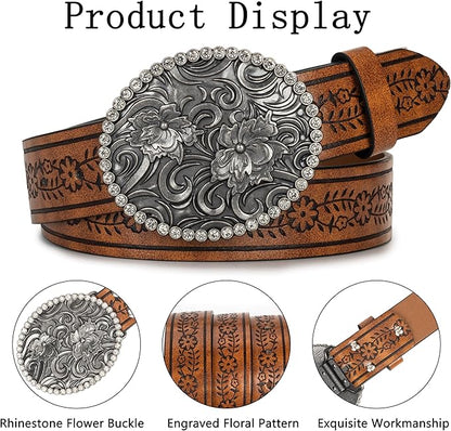 Mealah Vintage Western-Cowboy-Belt for Women Men - Carved Buckle PU Leather Waist Belts (for Waist 28"-38")