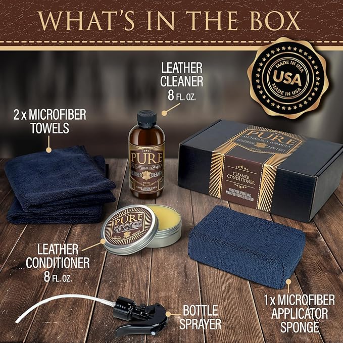 Leather Cleaner, Conditioner and Detailer Kit - Natural Beeswax Formula for Car Seat, Couch, Furniture, Purse, Boots & Jackets - Auto Interior Detailing Set - Made in USA (Basic Kit)