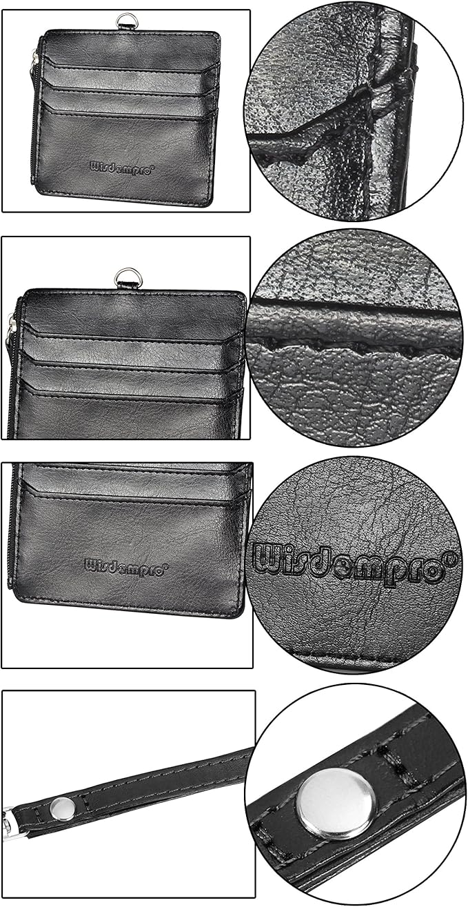 Badge Holder with Zip, Wisdompro 2-Sided PU Leather ID Badge Holder with 1 ID Window, 4 Card Slots, 1 Side Zipper Pocket and 1 piece 20 Inch Leather Neck Lanyard Strap - Black (Horizontal)
