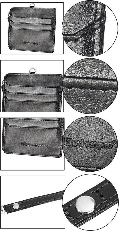 Badge Holder with Zip, Wisdompro 2-Sided PU Leather ID Badge Holder with 1 ID Window, 4 Card Slots, 1 Side Zipper Pocket and 1 piece 20 Inch Leather Neck Lanyard Strap - Black (Horizontal)