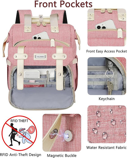 FALANKO Backpack for Women,Wide Open Work Large Student Bookbag for 15.6 Inch Laptop,Doctor Teacher Nurse College School Travel Bag,Water Resistant Laptop Bookbag Computer Back Pack Pink