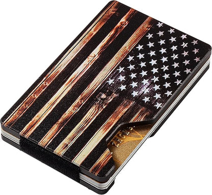 Slim Wallet for Men,RFID Blocking Minimalist Metal Wallet, Money Clip/Cash Holder, Front Pocket Aluminum Credit Card Holder, Ideal Gift for Men,Wood American USA Flag