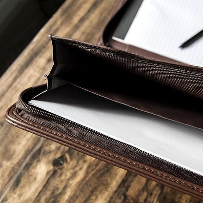 Cossini Premium Business Portfolio with Zipper – Padfolio - Superior Business Impressions Begin with PU Vegan Leather, 10.1 Inch Tablet Sleeve, Smart Storage, Solar Calculator, Writing Pad -Brown