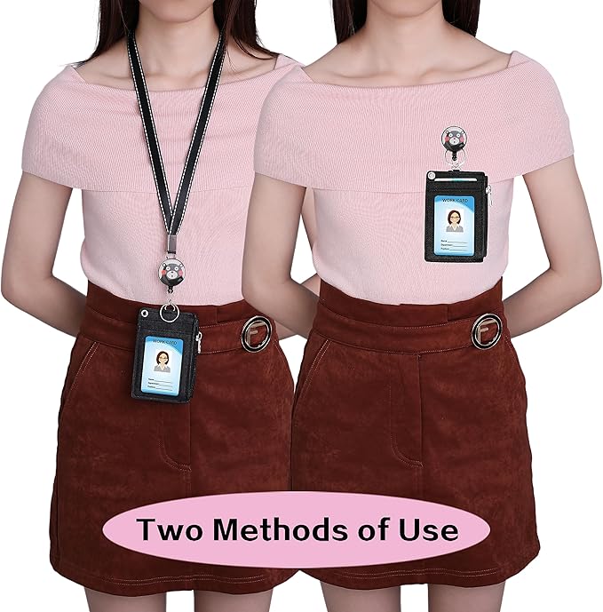 【2025 Latest】Cute ID Badge Holder Retractable Lanyard Reel Clip with Heavy Duty Carabiner, 5 Card Slots in 2 Sided with Key Ring and Zipper for Women Students Teens Girls Office Staff (Black OK Bear)