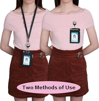 【2025 Latest】Cute ID Badge Holder Retractable Lanyard Reel Clip with Heavy Duty Carabiner, 5 Card Slots in 2 Sided with Key Ring and Zipper for Women Students Teens Girls Office Staff (Black OK Bear)