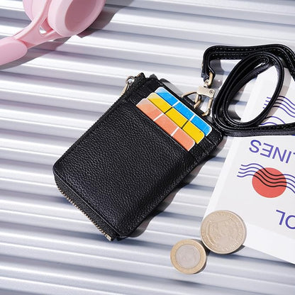 Wason Badge Holder Card Wallet Real Leather with Zipper, Detachable Neck Lanyard, Hand Strap, Retractable Badge Reel, Multi Purpose Case for ID Permit Badge Coin Key Driver's License (Black)