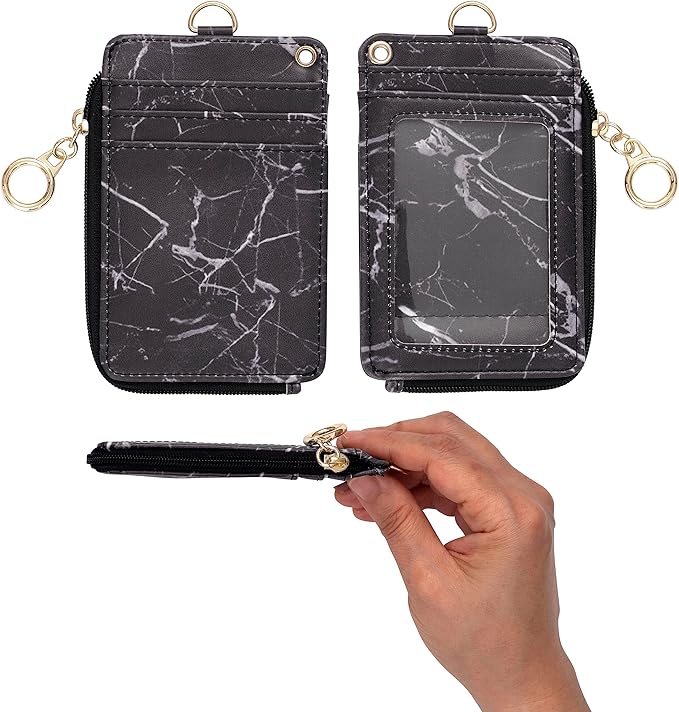 MONDO DESIGNS 2-in-1 ID Badge Holder & Lanyard Wallet - Multi-Use Womens Small Wallet with Removable Wristlet & Neck Lanyard, Clear Window, 5 Card Slots, Phone Holder, Ring Keychain - Black Marble