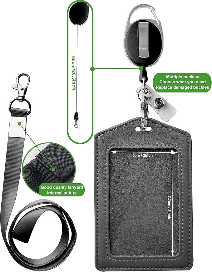 ID Card Case + Heavy Duty Lanyard (Black) + Badge Holder Retractable Reel Carabiner and Plastic Clip (Genuine Leather)