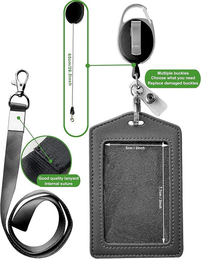 ID Card Case + Heavy Duty Lanyard (Black) + Badge Holder Retractable Reel Carabiner and Plastic Clip (Genuine Leather)