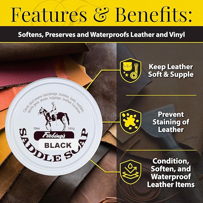 Fiebing's Black Saddle Soap (12oz) - Leather Cleaner & Conditioner - Soften, Protect, Restore & Renew Leathercraft, Car Seat, Belts, Shoes, Luggage, Furniture, Purses, Boots, Bags, Sports & Horse Gear