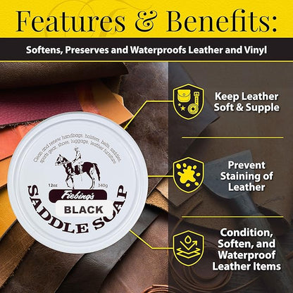Fiebing's Black Saddle Soap (12oz) - Leather Cleaner & Conditioner - Soften, Protect, Restore & Renew Leathercraft, Car Seat, Belts, Shoes, Luggage, Furniture, Purses, Boots, Bags, Sports & Horse Gear
