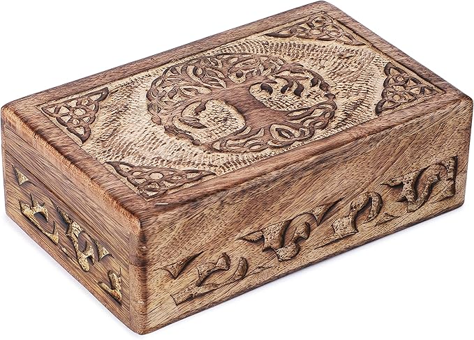 Ajuny Wooden Jewelry Box - Hand Carved Mango Wood Tree of Life Celtic Carving Decorative Multipurpose Keepsake Box, Treasure Chest Memory Box Organizer Travel Trinket Holder Case Gifts - 8x5 Inch