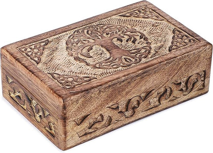 Ajuny Wooden Jewelry Box - Hand Carved Mango Wood Tree of Life Celtic Carving Decorative Multipurpose Keepsake Box, Treasure Chest Memory Box Organizer Travel Trinket Holder Case Gifts - 8x5 Inch