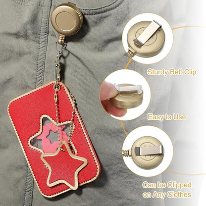 PATIKIL Retractable Badge Holders, 2 Pcs Cute Leather ID Holder with Badge Reels Keychain ID Card Clip Protector Cover for Women Work Office Business Trip, Pink/Light Blue