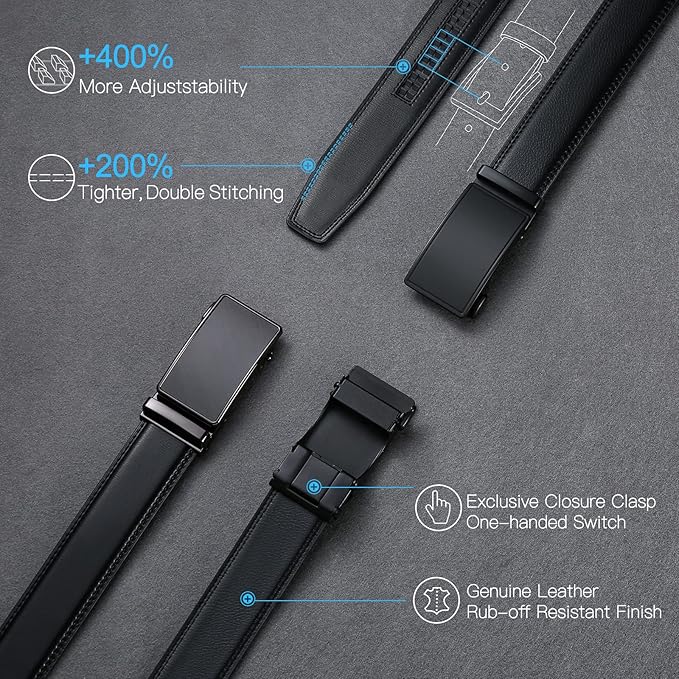 SENDEFN Men's Leather Belt Automatic Ratchet Buckle Slide Belt for Dress Casual Trim to Fit with Gift Box