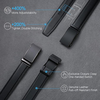 SENDEFN Men's Leather Belt Automatic Ratchet Buckle Slide Belt for Dress Casual Trim to Fit with Gift Box