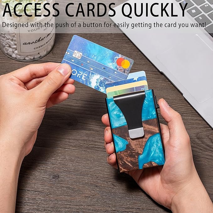Slim Aluminum Wallet for Men, RFID Blocking Minimalist Matel Pop Up Card Holder Wallet, Holds 8+ Cards,Durable Removable Money Clip & Money Pocket(Resin Light Blue Wood)