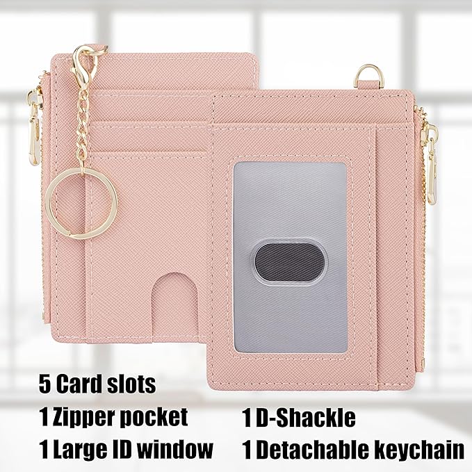 Suweibuke Slim Pocket Wallet, RFID Blocking Credit Card Holder Wallet with D-Shackle ID Window and Detachable keychain for Women (A-Coral Pink)
