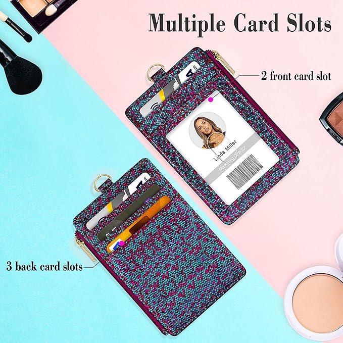 ID Badge Holder with Lanyard, Vertical Bling Shiny ID Badge Card Holder with 1 Clear ID Window, 4 Credit Card Slots, 1 Cash Coin Slot and a Detachable Neck Lanyard (Bling Mermaid)